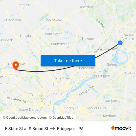 E State St at S Broad St to Bridgeport, PA map