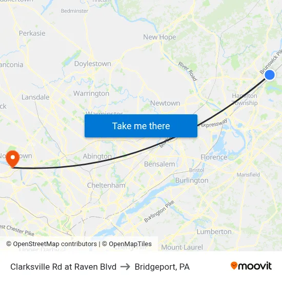 Clarksville Rd at Raven Blvd to Bridgeport, PA map