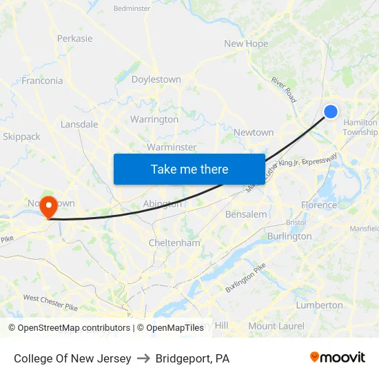 College Of New Jersey to Bridgeport, PA map