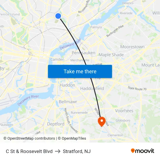 C St & Roosevelt Blvd to Stratford, NJ map