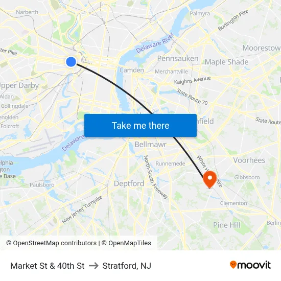Market St & 40th St to Stratford, NJ map