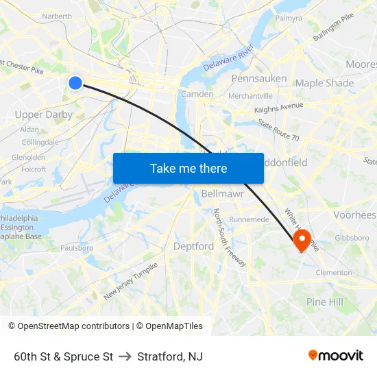 60th St & Spruce St to Stratford, NJ map