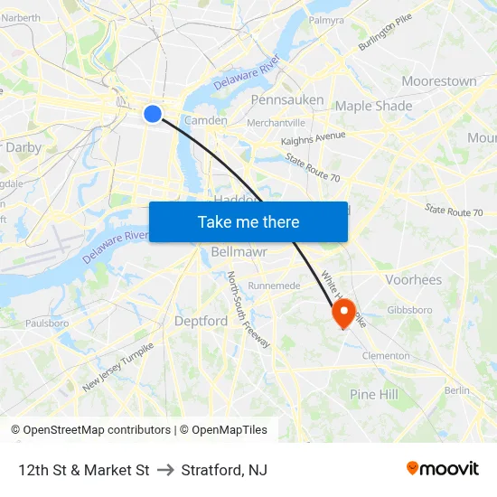 12th St & Market St to Stratford, NJ map