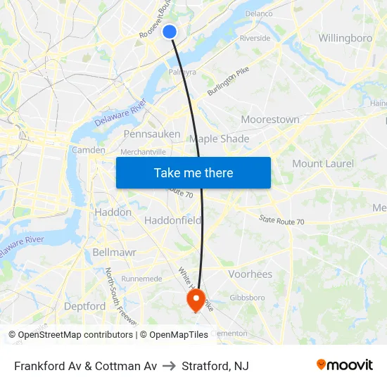 Frankford Av & Cottman Av to Stratford, NJ map