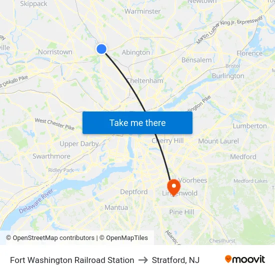 Fort Washington Railroad Station to Stratford, NJ map