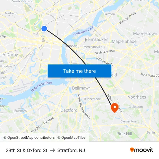 29th St & Oxford St to Stratford, NJ map