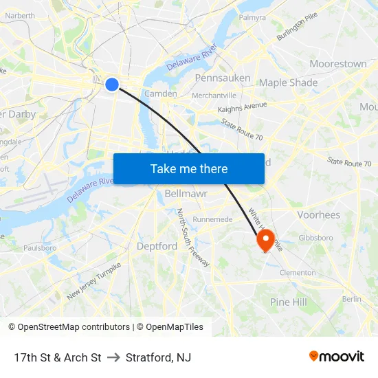 17th St & Arch St to Stratford, NJ map