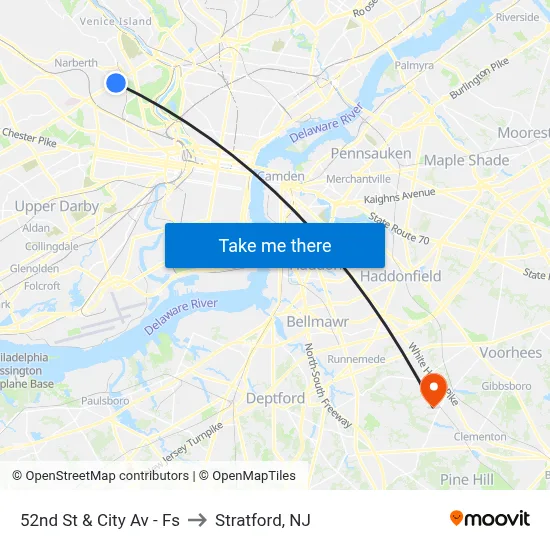 52nd St & City Av - Fs to Stratford, NJ map