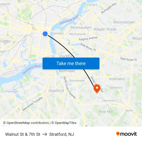 Walnut St & 7th St to Stratford, NJ map