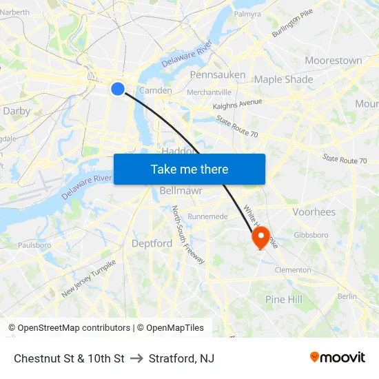 Chestnut St & 10th St to Stratford, NJ map