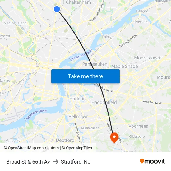 Broad St & 66th Av to Stratford, NJ map