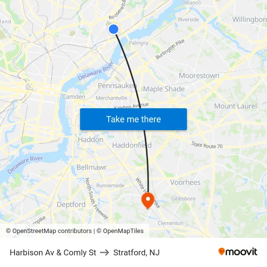 Harbison Av & Comly St to Stratford, NJ map