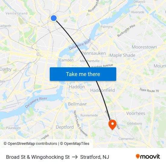 Broad St & Wingohocking St to Stratford, NJ map