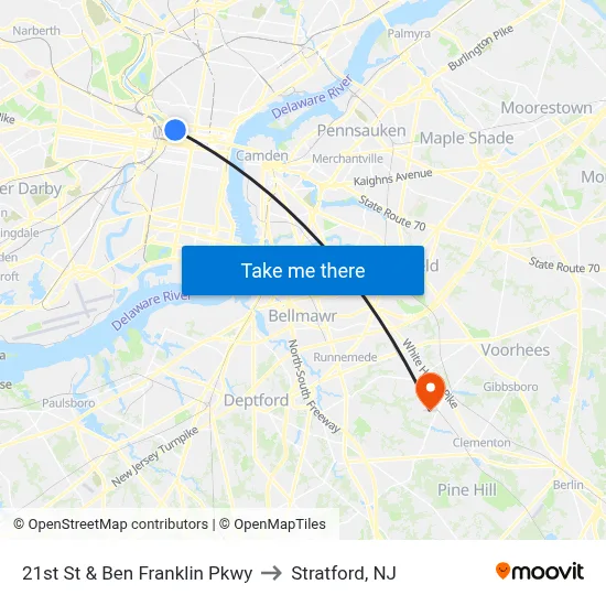 21st St & Ben Franklin Pkwy to Stratford, NJ map