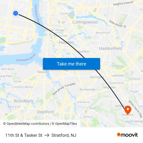 11th St & Tasker St to Stratford, NJ map