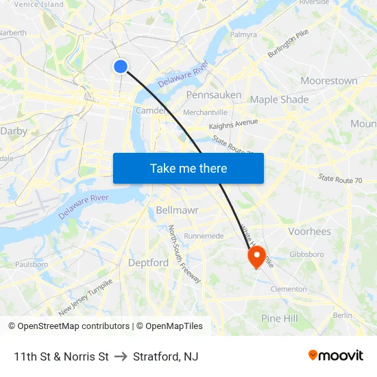 11th St & Norris St to Stratford, NJ map