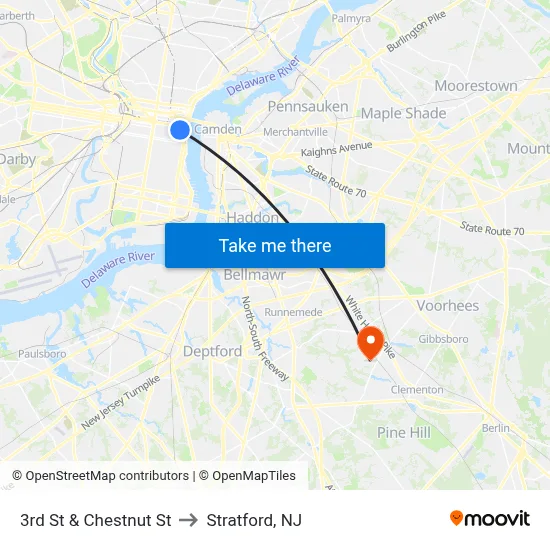 3rd St & Chestnut St to Stratford, NJ map