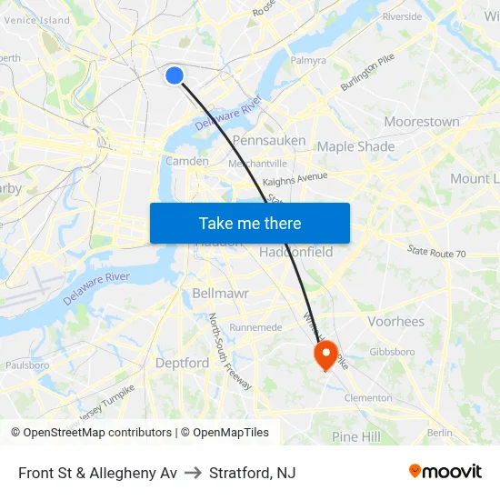 Front St & Allegheny Av to Stratford, NJ map