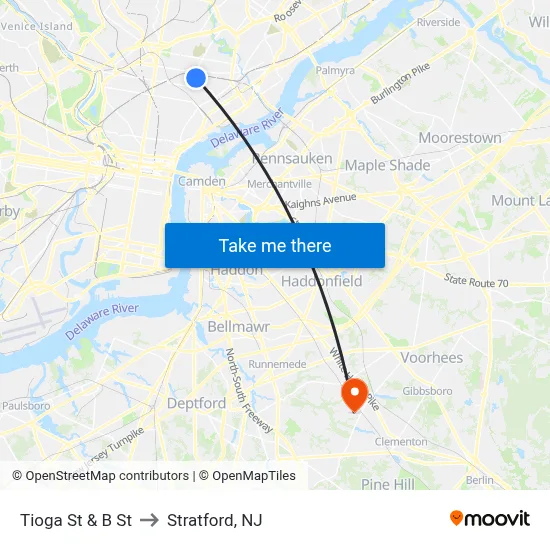 Tioga St & B St to Stratford, NJ map