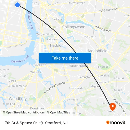 7th St & Spruce St to Stratford, NJ map