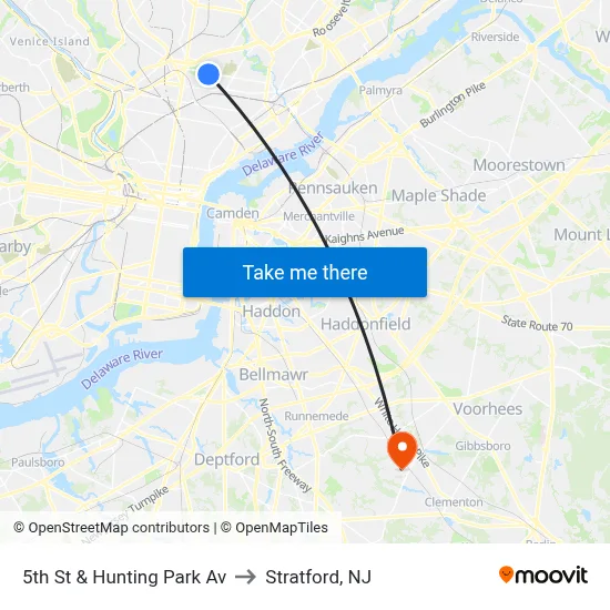 5th St & Hunting Park Av to Stratford, NJ map