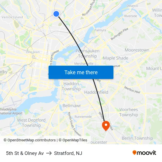 5th St & Olney Av to Stratford, NJ map