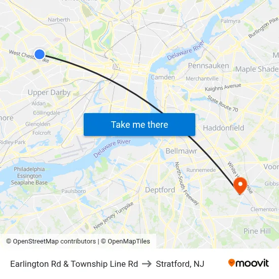 Earlington Rd & Township Line Rd to Stratford, NJ map