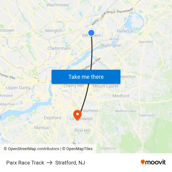 Parx Race Track to Stratford, NJ map