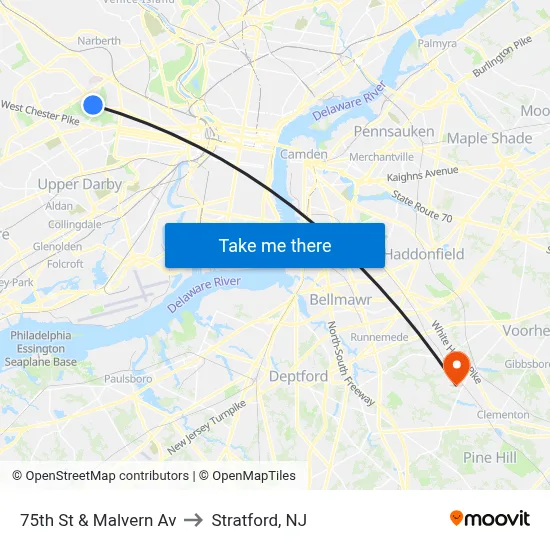 75th St & Malvern Av to Stratford, NJ map