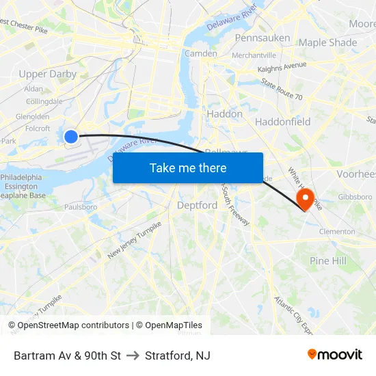 Bartram Av & 90th St to Stratford, NJ map