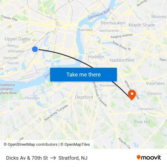 Dicks Av & 70th St to Stratford, NJ map