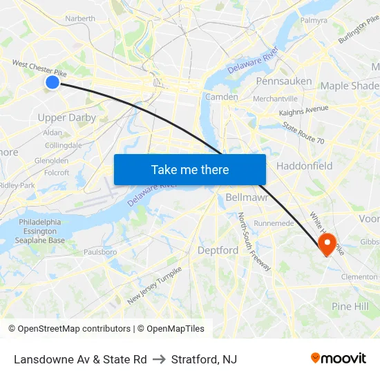 Lansdowne Av & State Rd to Stratford, NJ map