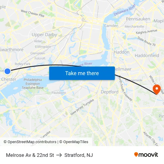 Melrose Av & 22nd St to Stratford, NJ map