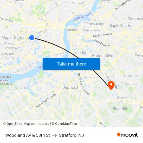 Woodland Av & 58th St to Stratford, NJ map