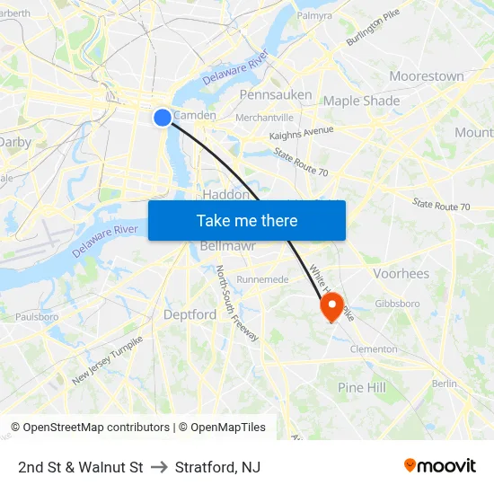 2nd St & Walnut St to Stratford, NJ map