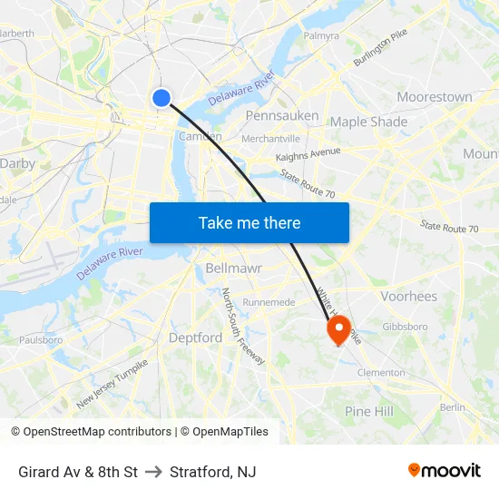 Girard Av & 8th St to Stratford, NJ map