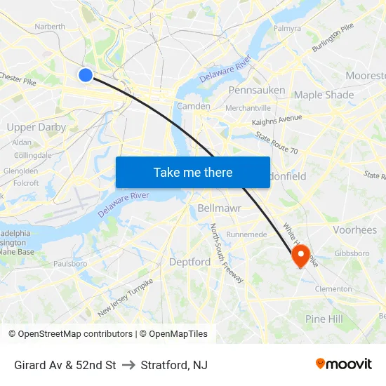 Girard Av & 52nd St to Stratford, NJ map