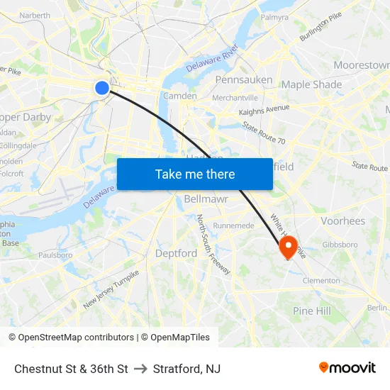Chestnut St & 36th St to Stratford, NJ map