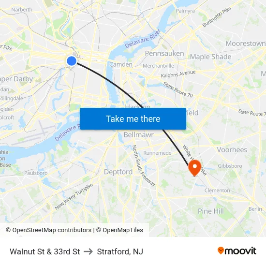Walnut St & 33rd St to Stratford, NJ map