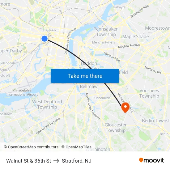 Walnut St & 36th St to Stratford, NJ map