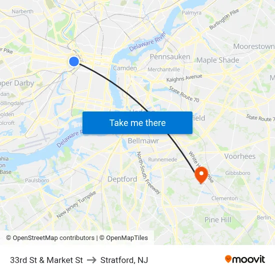 33rd St & Market St to Stratford, NJ map