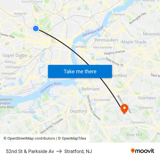 52nd St & Parkside Av to Stratford, NJ map