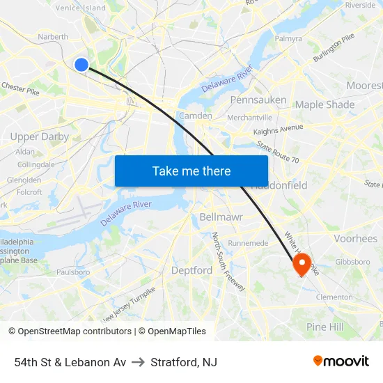 54th St & Lebanon Av to Stratford, NJ map