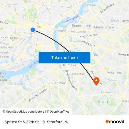 Spruce St & 39th St to Stratford, NJ map