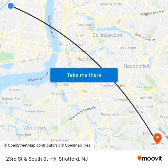23rd St & South St to Stratford, NJ map