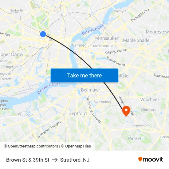 Brown St & 39th St to Stratford, NJ map