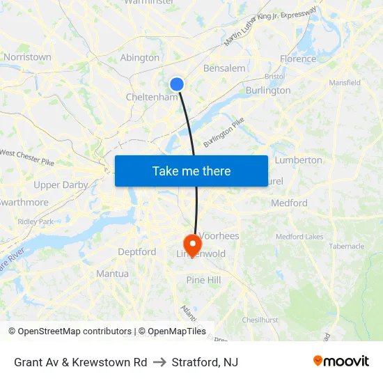 Grant Av & Krewstown Rd to Stratford, NJ map