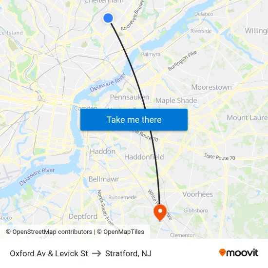 Oxford Av & Levick St to Stratford, NJ map