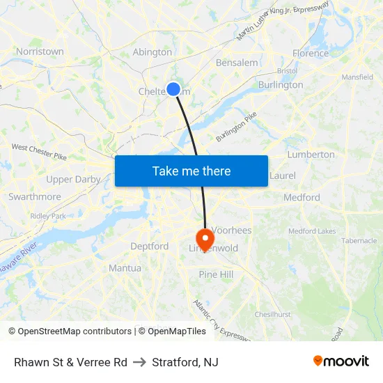 Rhawn St & Verree Rd to Stratford, NJ map