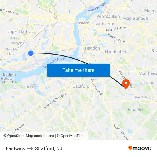 Eastwick to Stratford, NJ map